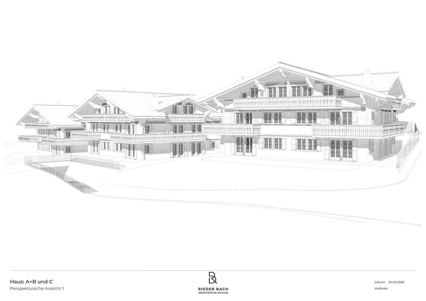 Bona Vita Chalets — Frontale Architekturzeichnung Südfassade von Rieder Bach