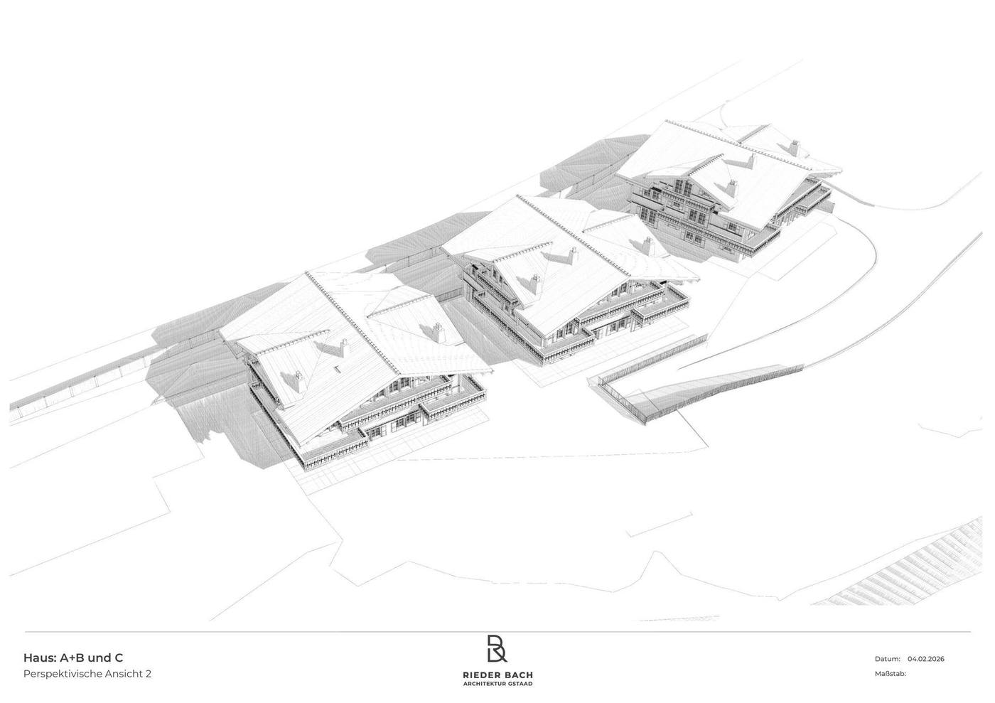 Bona Vita Überbauung — Vogelperspektive Architekturzeichnung von Rieder Bach Gstaad